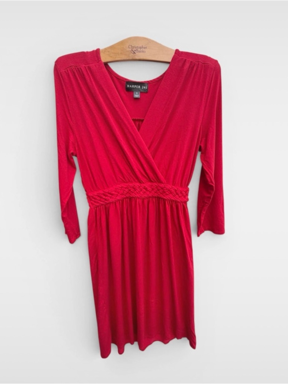 Harper 241 Red Faux Wrap-Front 3/4 Sleeve Dress With Braid